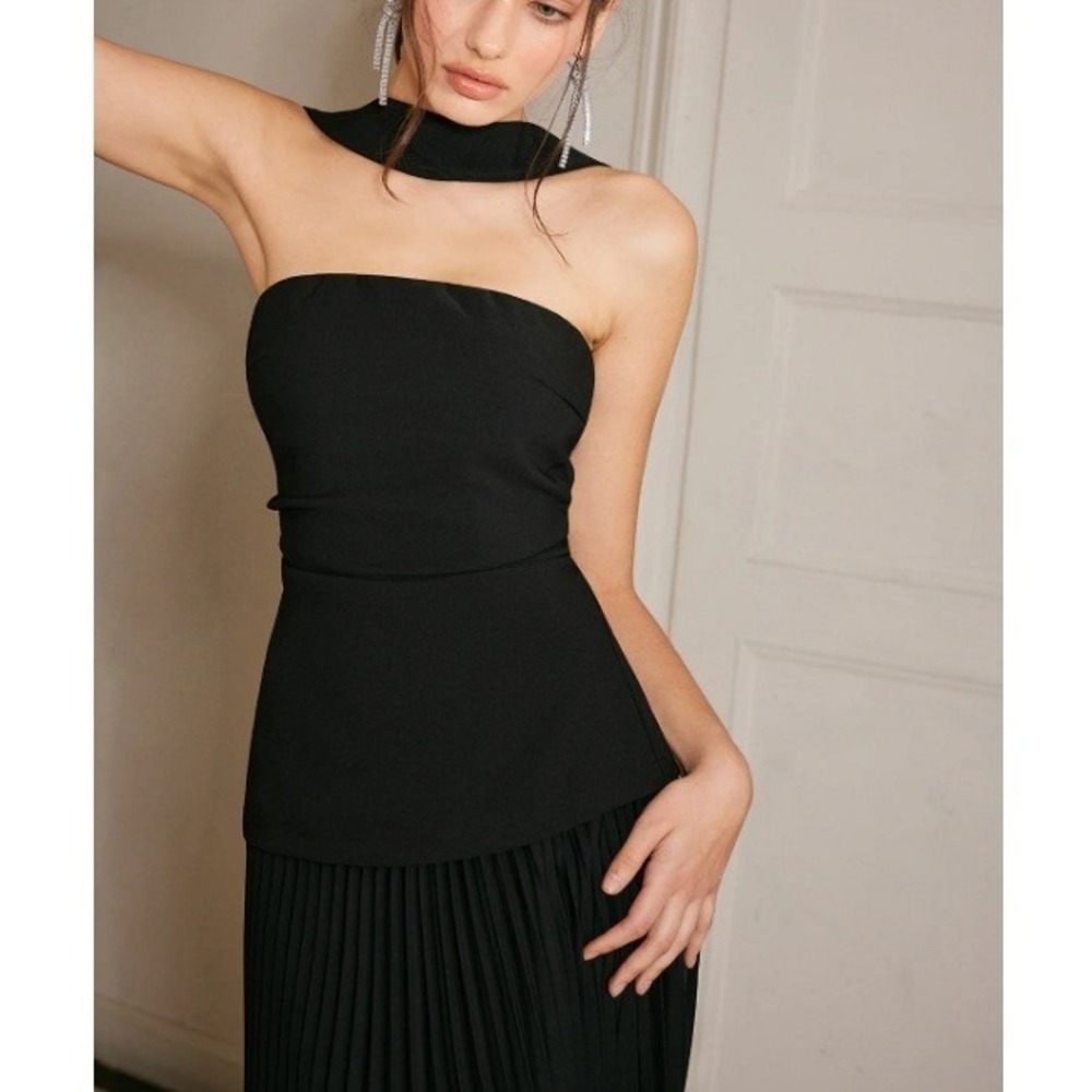 Commense Women's Black Strapless‎ Choker Design Pleated Panel Dress Size L NWT - Picture 2 of 9
